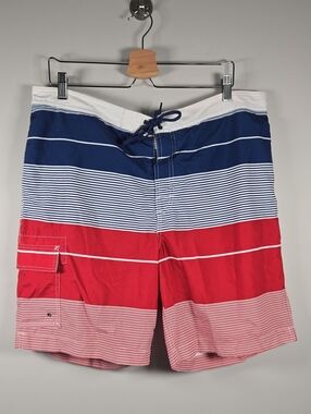 Chaps Navy, White & Red Striped Men's Swim Board Shorts